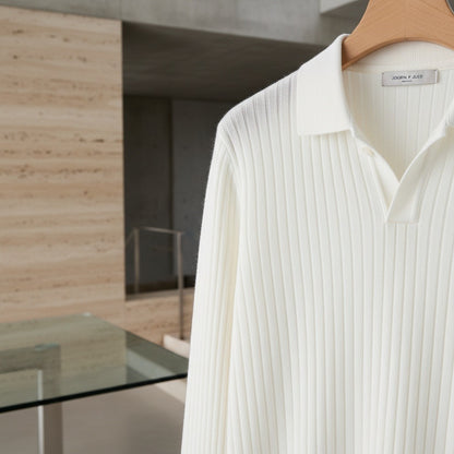 Striped Polo Shirt Long Sleeve - Cream - Back View