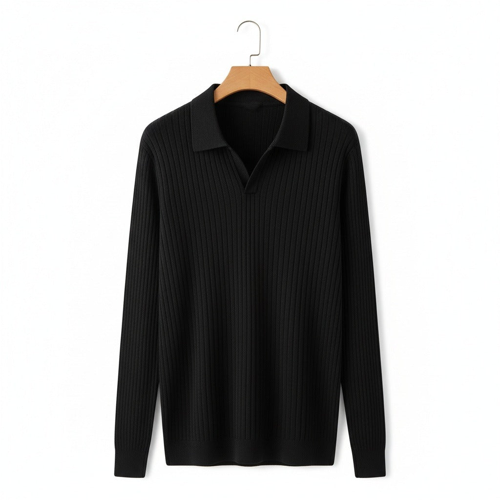 Striped Polo Shirt Long Sleeve - Black - Front View
