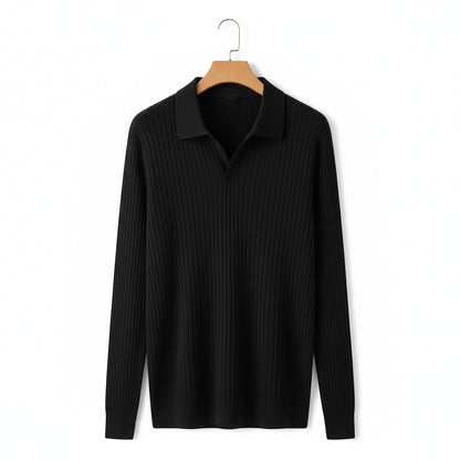 Striped Polo Shirt Long Sleeve - Black - Front View