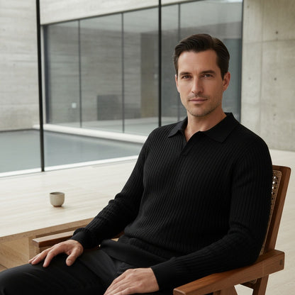 Striped Polo Shirt Long Sleeve - Black - Side Profile