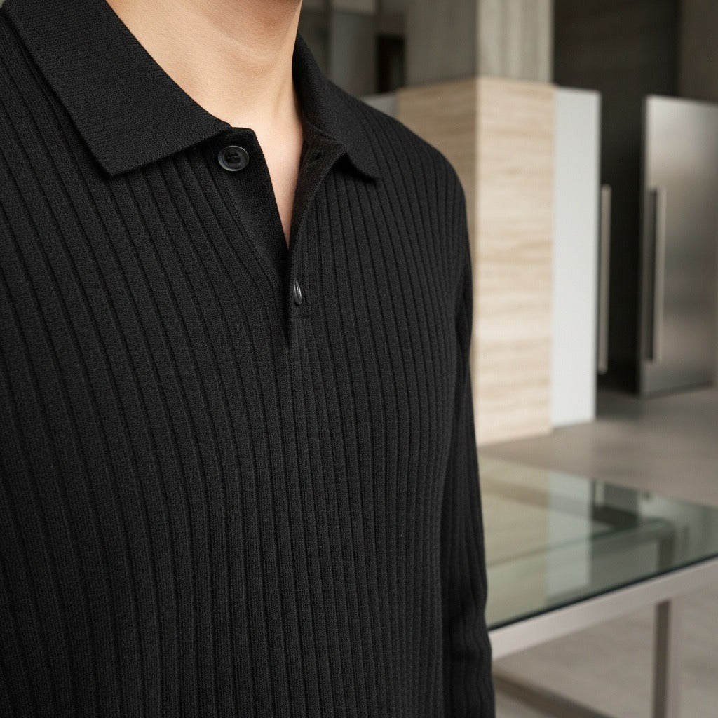 Striped Polo Shirt Long Sleeve - Black - Back View