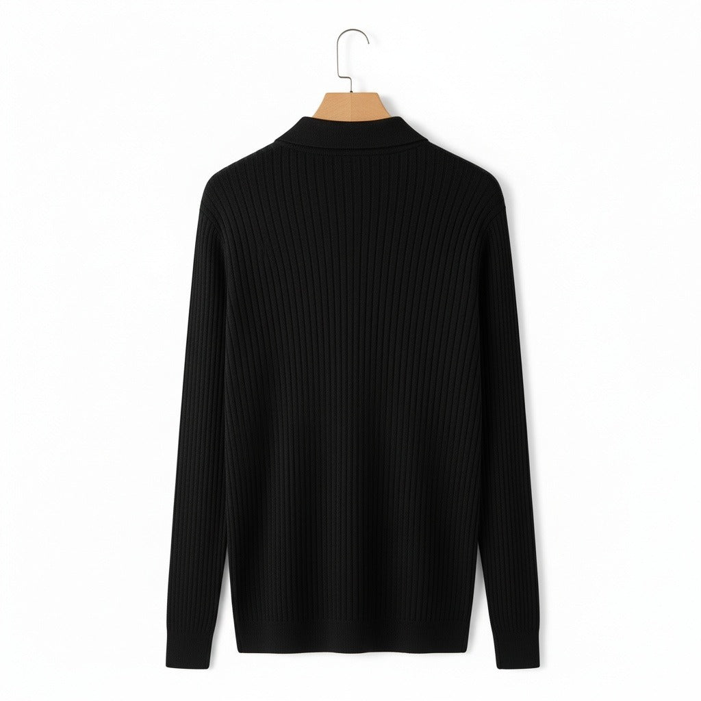 Striped Polo Shirt Long Sleeve - Black - Fabric Detail