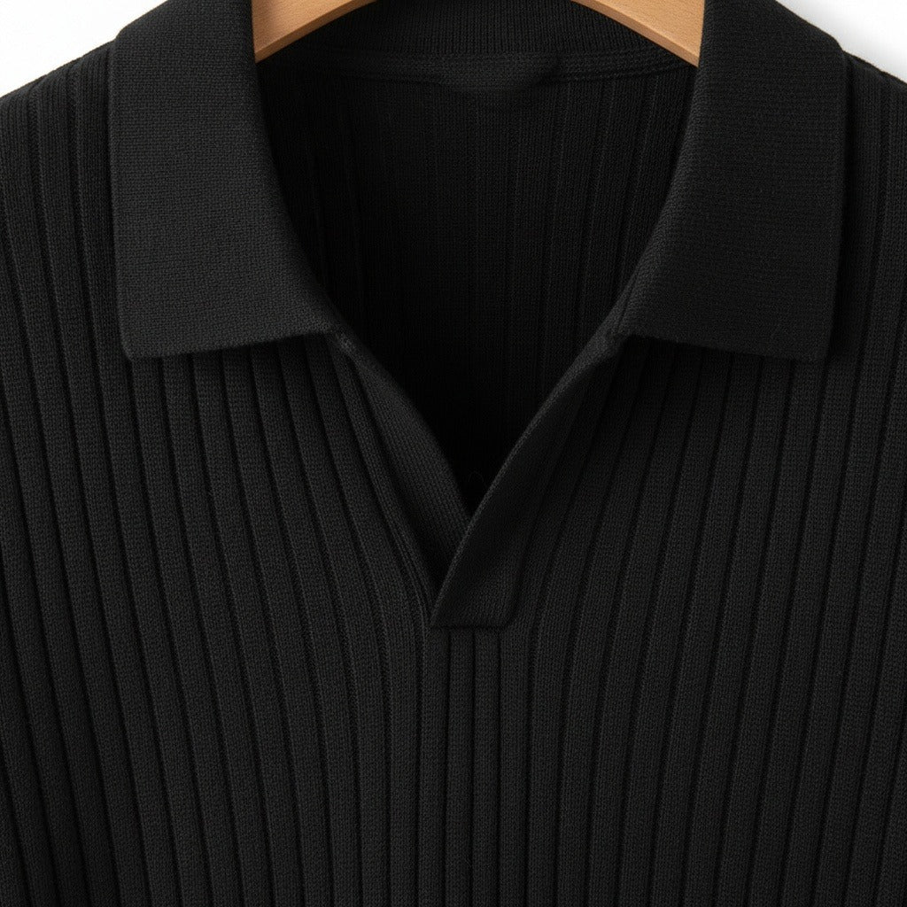 Striped Polo Shirt Long Sleeve - Black - Texture Close Up