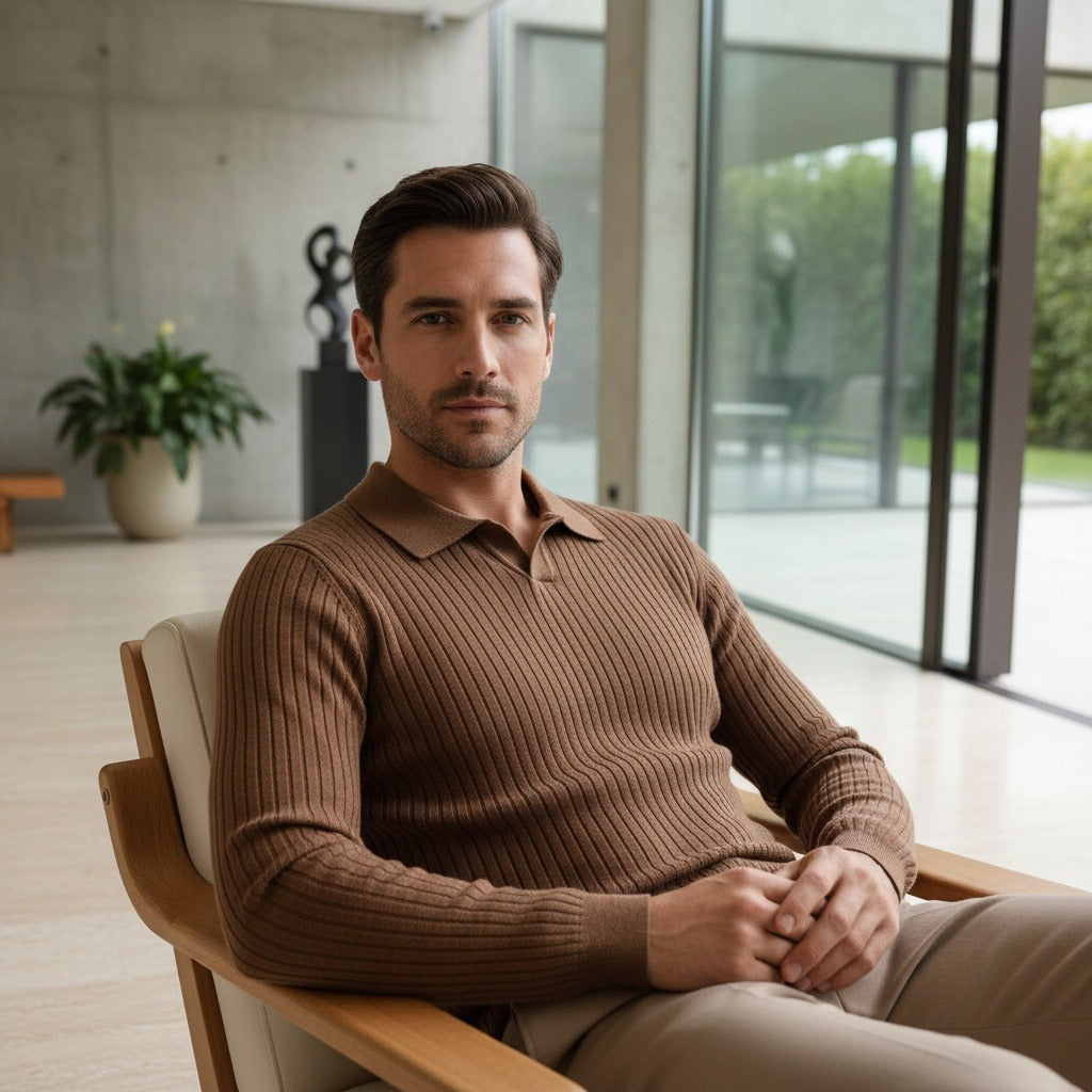 Striped Polo Shirt Long Sleeve - Brown - Side Profile