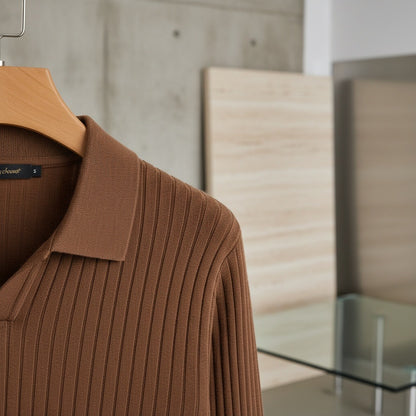 Striped Polo Shirt Long Sleeve - Brown - Back View