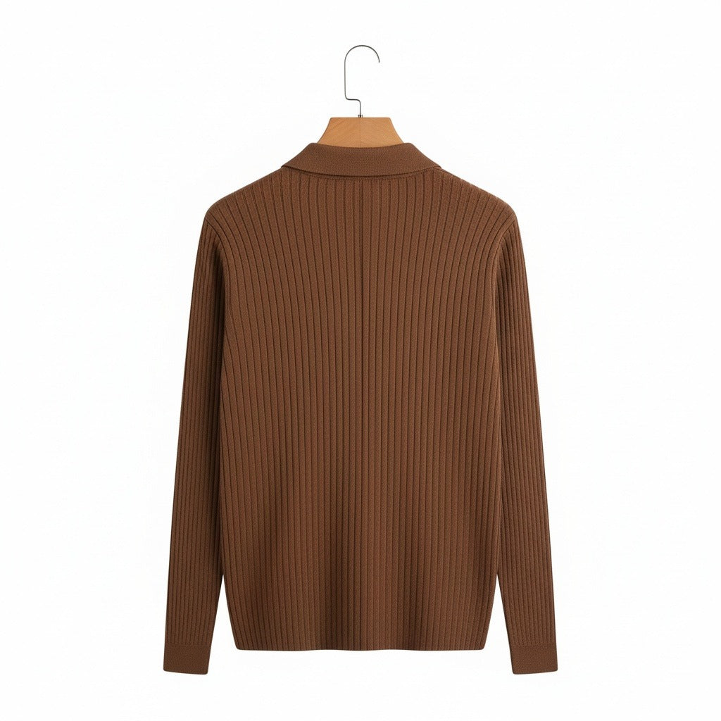 Striped Polo Shirt Long Sleeve - Brown - Fabric Detail