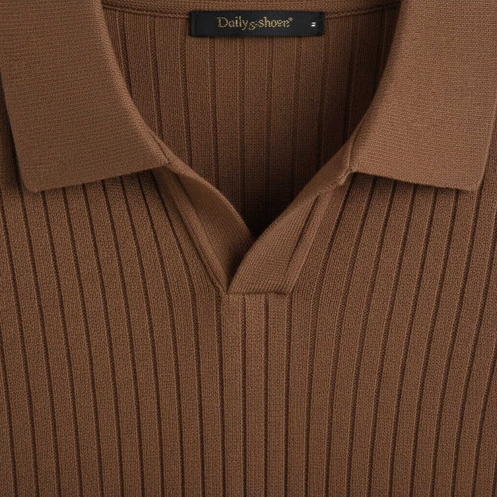 Striped Polo Shirt Long Sleeve - Brown - Texture Close Up