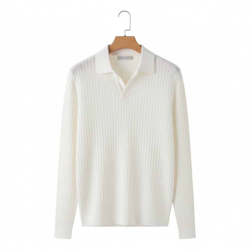 Striped Polo Shirt Long Sleeve - Cream - Front View