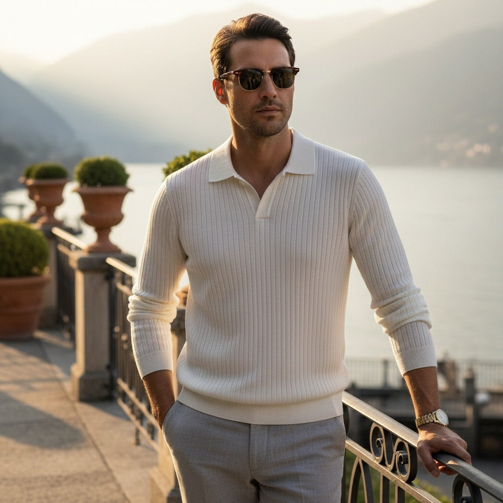 Striped Polo Shirt Long Sleeve - Cream - Angled Shot