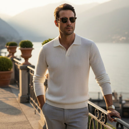 Striped Polo Shirt Long Sleeve - Cream - Angled Shot