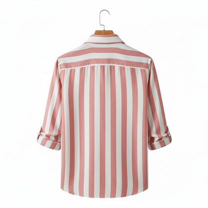 Striped Summer Shirt - Coral And White - Fabric Detail
