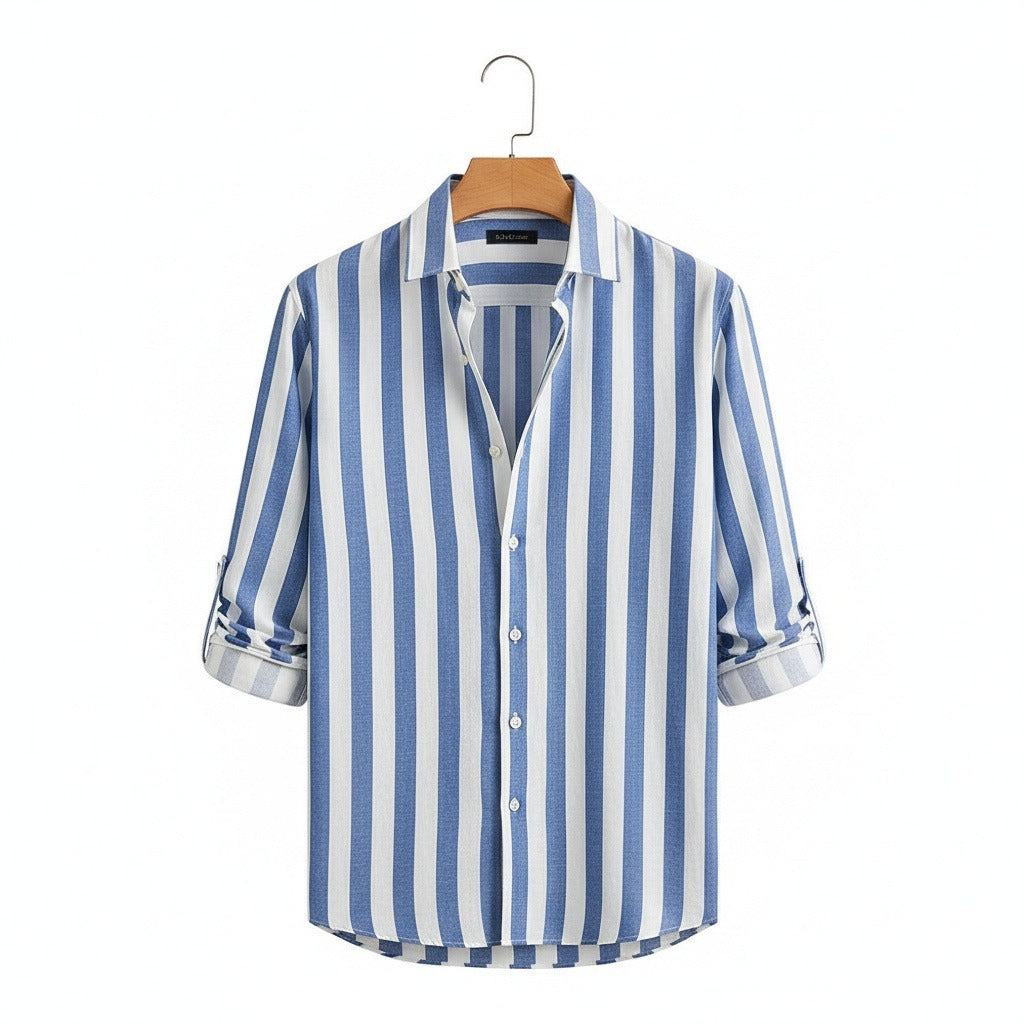 Striped Summer Shirt - Powder Blue And White - Front View