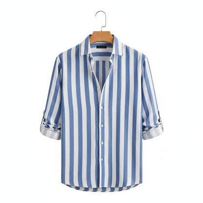 Striped Summer Shirt - Powder Blue And White - Front View