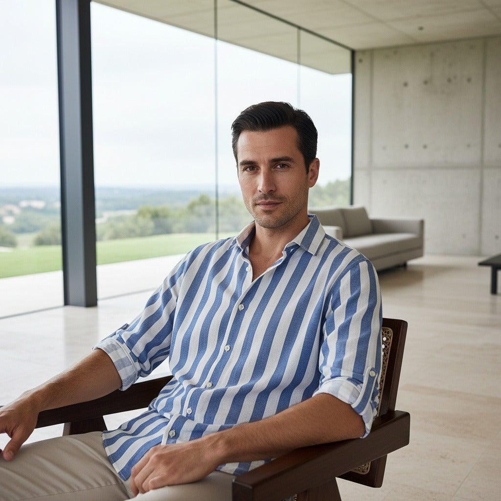 Striped Summer Shirt - Powder Blue And White - Side Profile