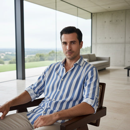 Striped Summer Shirt - Powder Blue And White - Side Profile