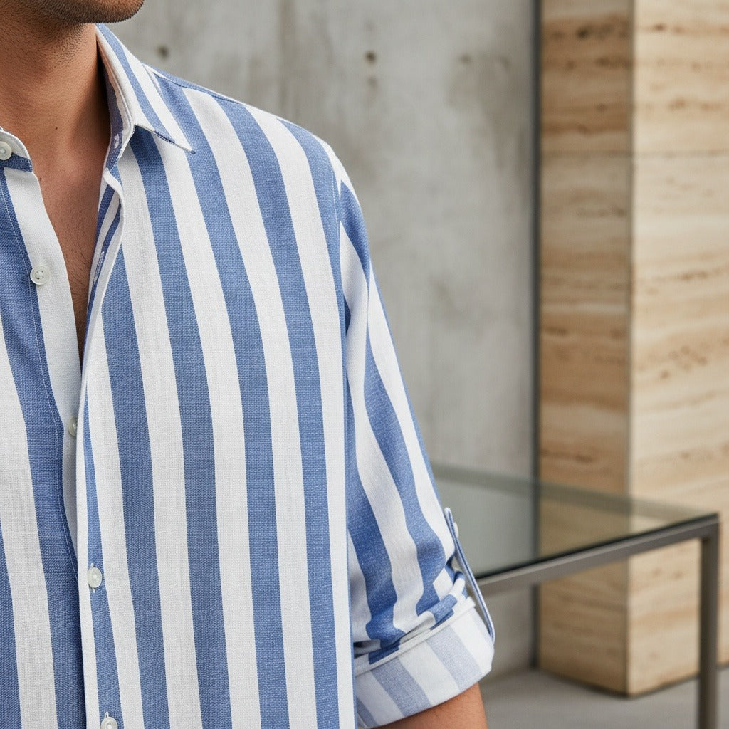 Striped Summer Shirt - Powder Blue And White - Back View