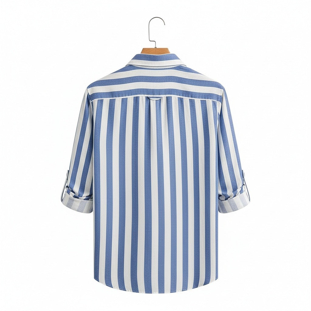 Striped Summer Shirt - Powder Blue And White - Fabric Detail