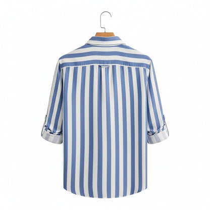 Striped Summer Shirt - Powder Blue And White - Fabric Detail