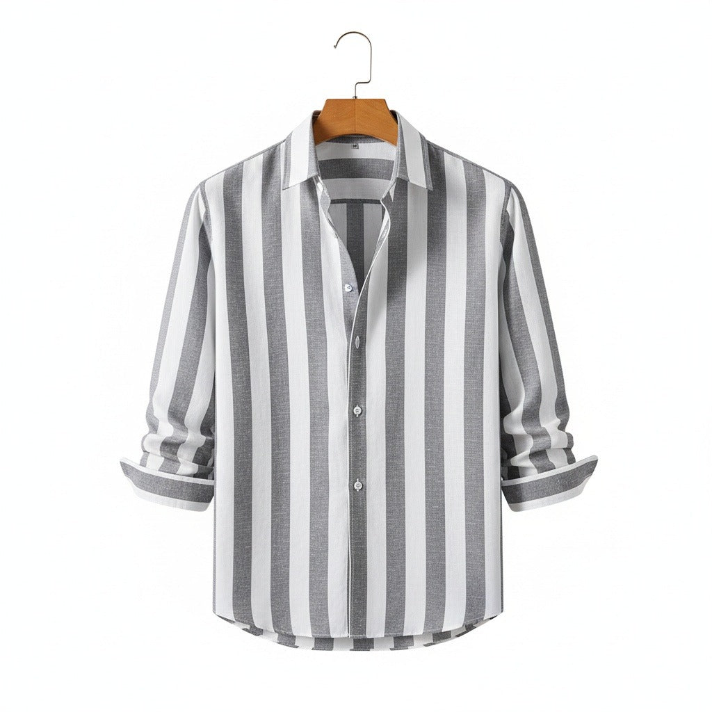 Striped Summer Shirt - Ash And White - Front View