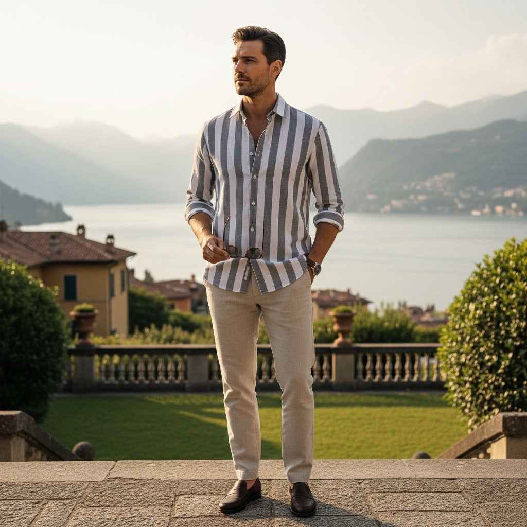 Striped Summer Shirt - Ash And White - Angled Shot