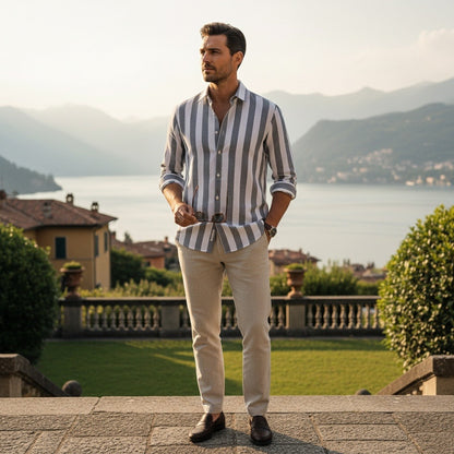 Striped Summer Shirt - Ash And White - Angled Shot