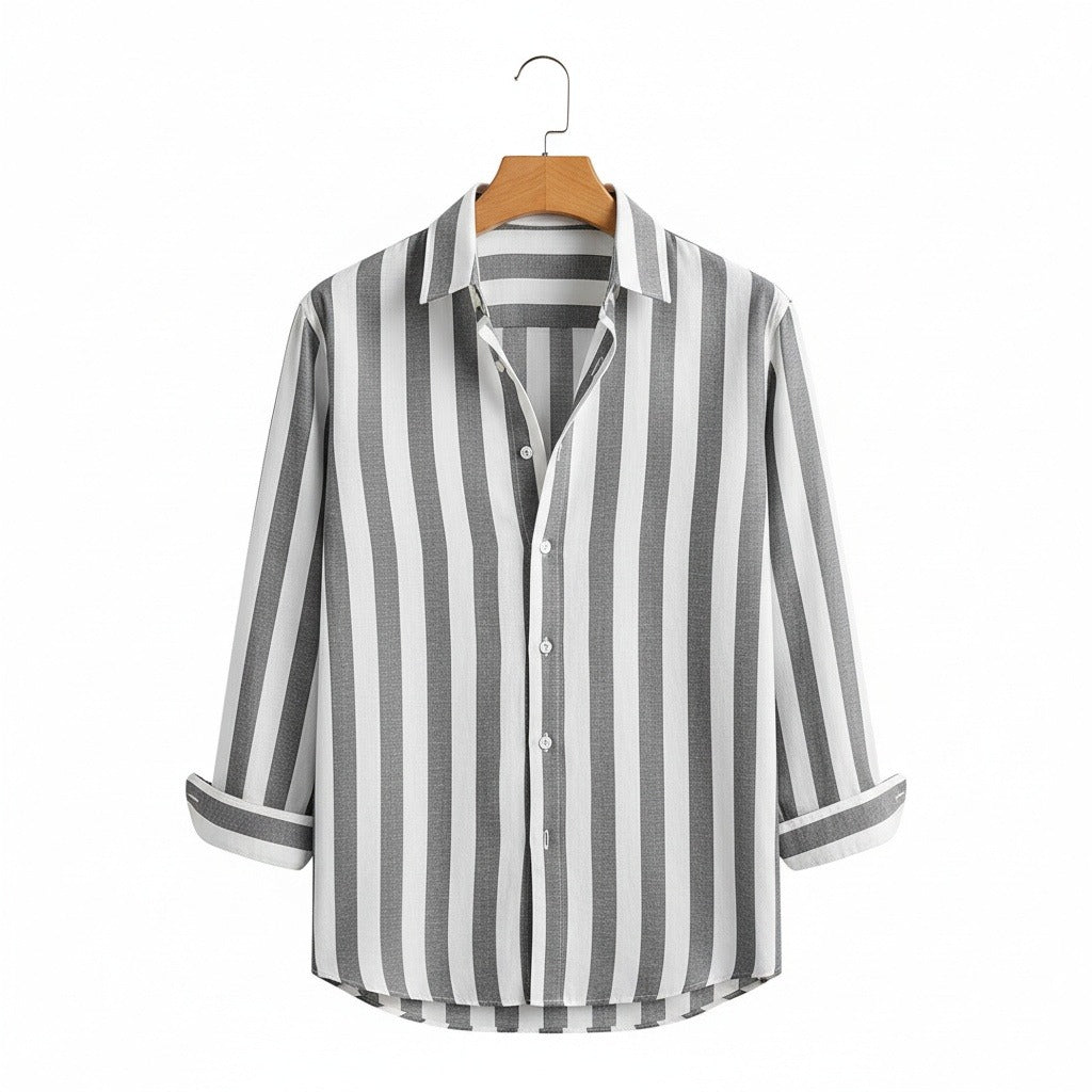 Striped Summer Shirt - Charcoal And White - Front View
