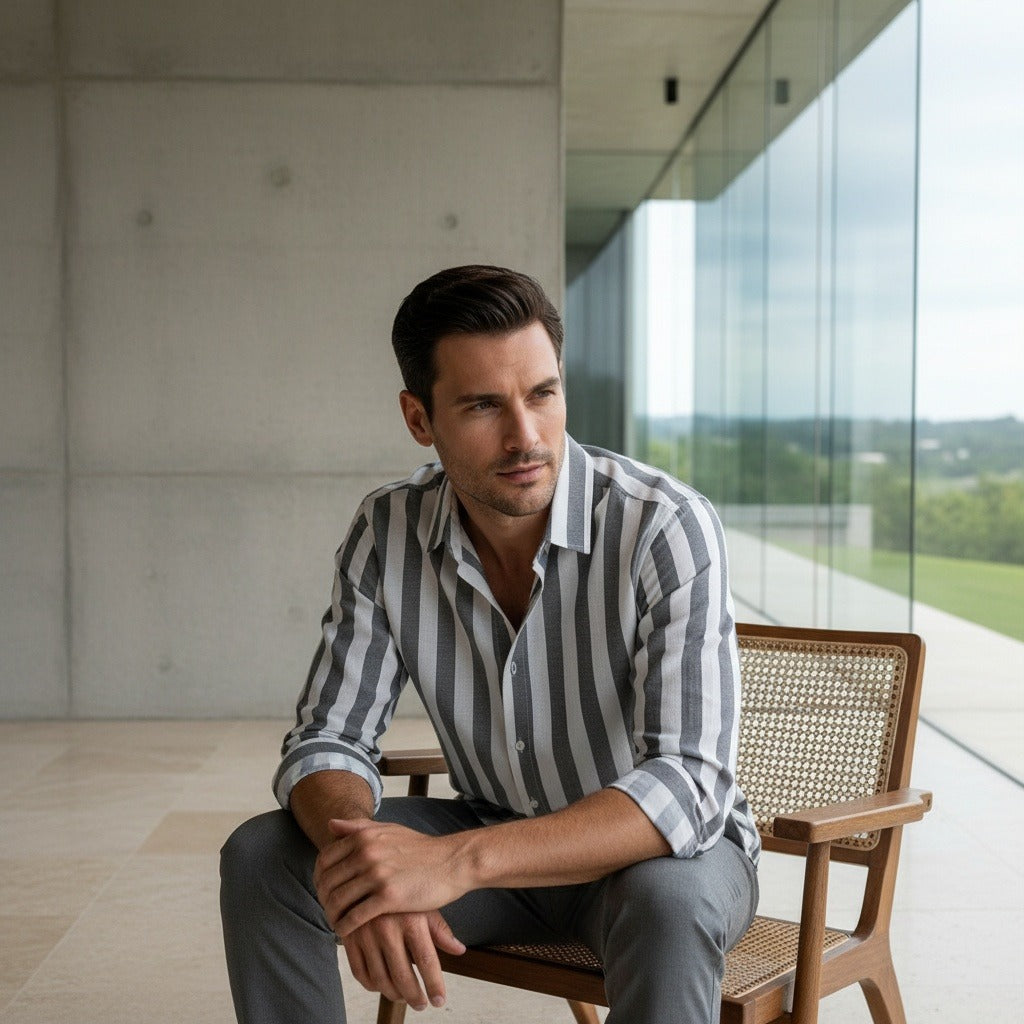 Striped Summer Shirt - Charcoal And White - Side Profile