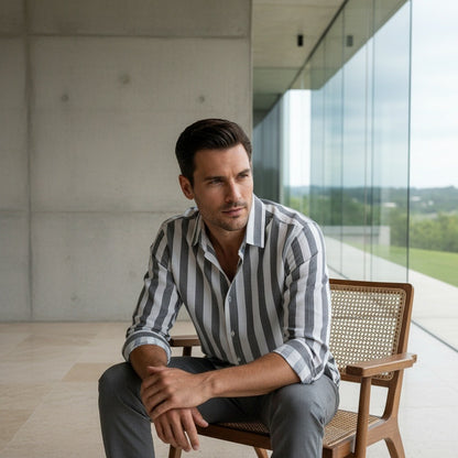 Striped Summer Shirt - Charcoal And White - Side Profile