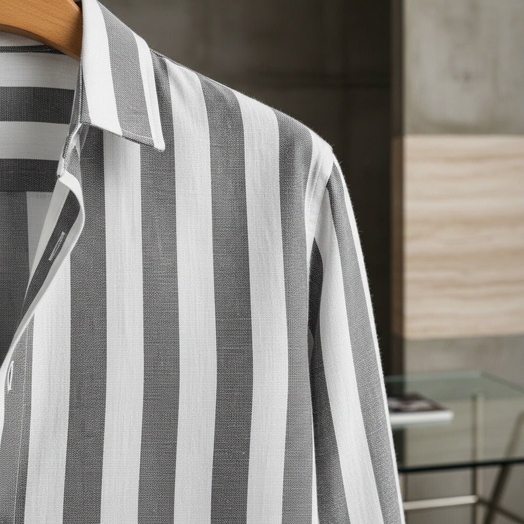 Striped Summer Shirt - Charcoal And White - Back View