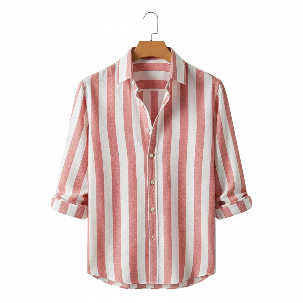 Striped Summer Shirt - Coral And White - Front View