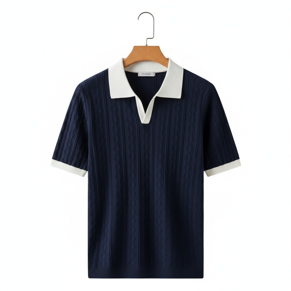 Textured Polo Shirt - Navy Blue - Front View