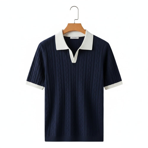 Textured Polo Shirt - Navy Blue - Front View