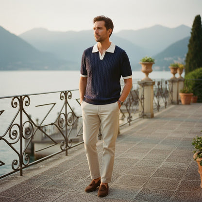 Textured Polo Shirt - Navy Blue - Angled Shot