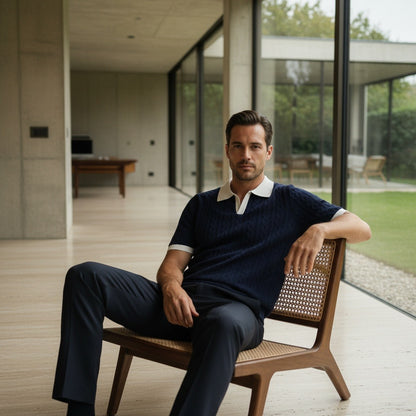 Textured Polo Shirt - Navy Blue - Side Profile