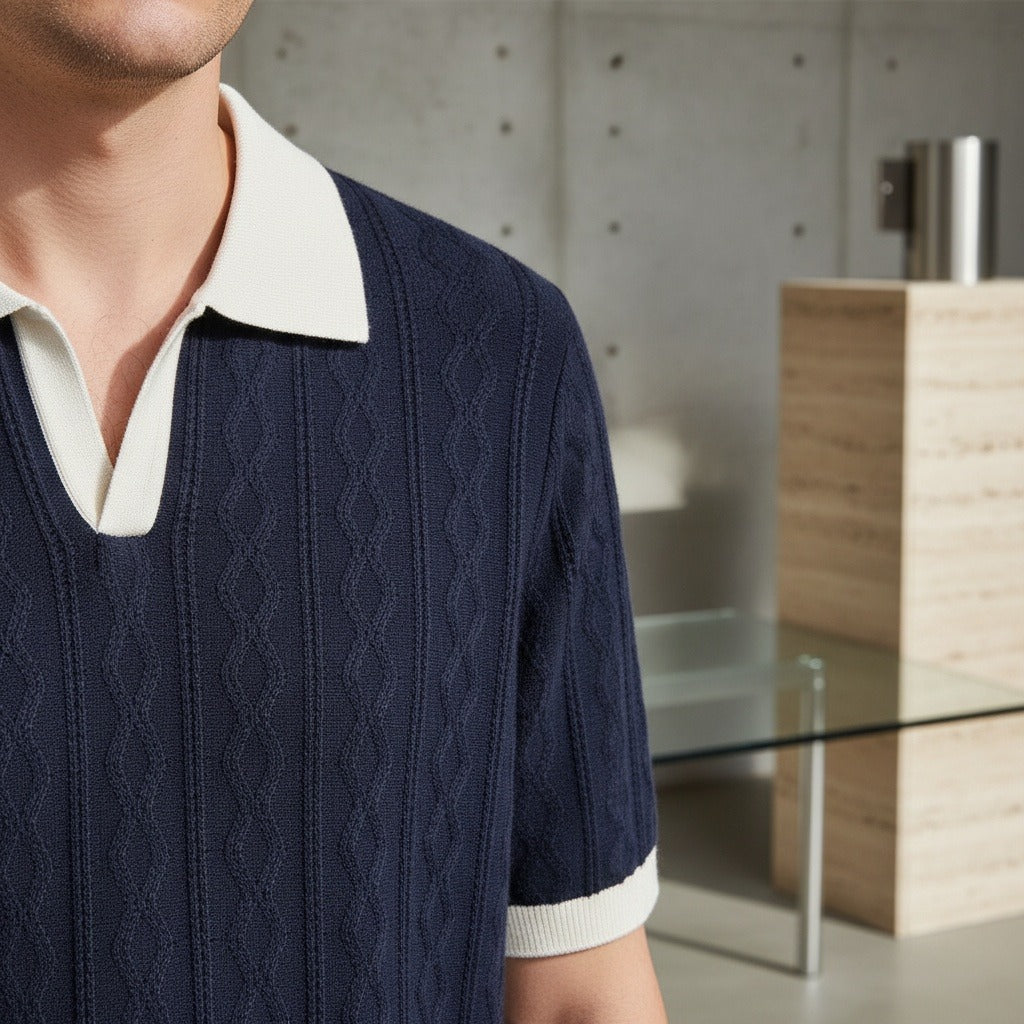 Textured Polo Shirt - Navy Blue - Back View