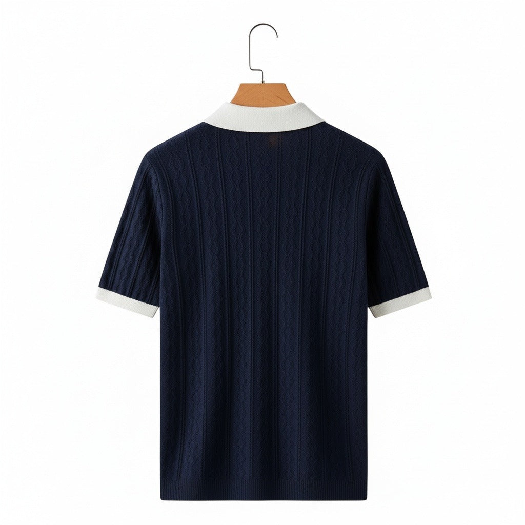 Textured Polo Shirt - Navy Blue - Fabric Detail