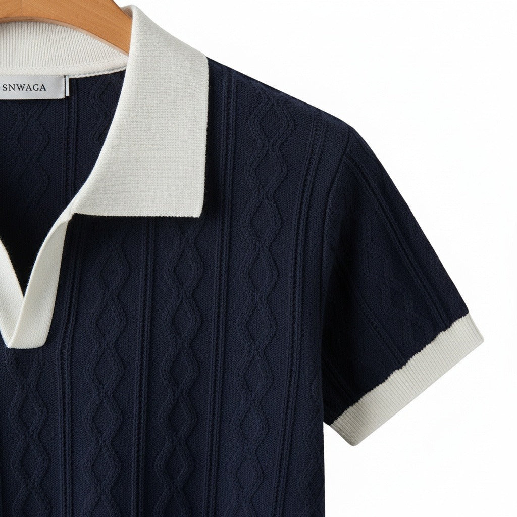 Textured Polo Shirt - Navy Blue - Texture Close Up