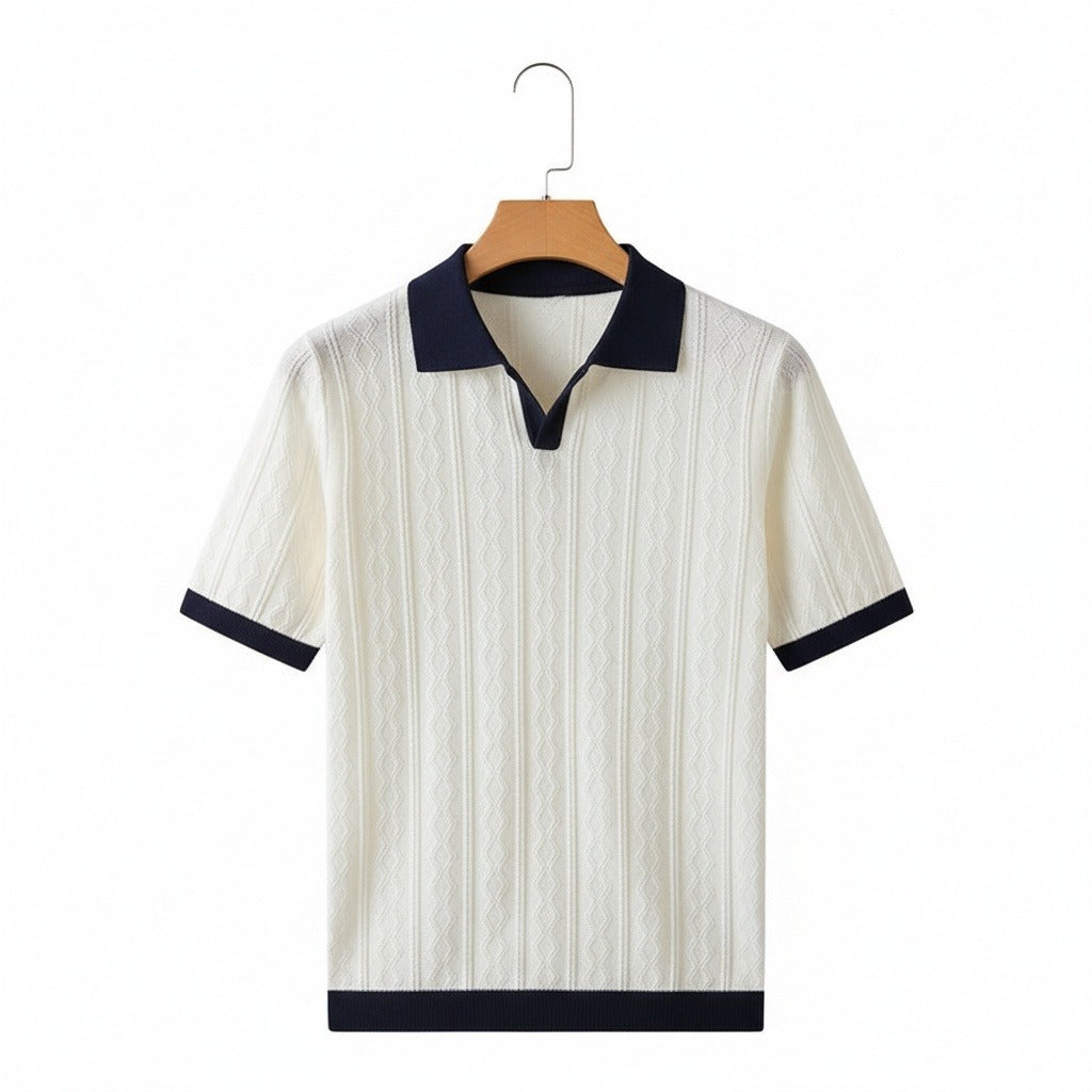 Textured Polo Shirt - Midnight Blue - Front View
