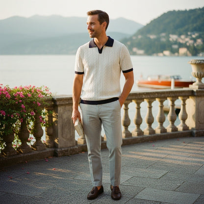 Textured Polo Shirt - Midnight Blue - Angled Shot