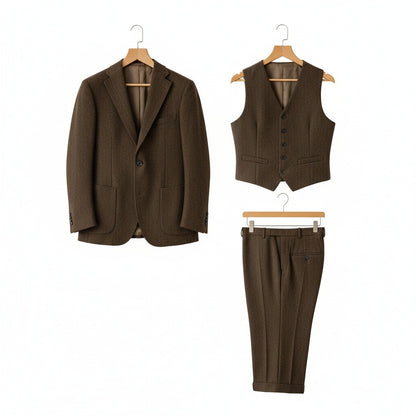 Tweed Three Piece Suit - Dark Olive Green - Front View