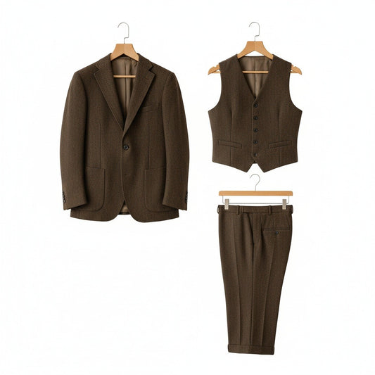 Tweed Three Piece Suit - Dark Olive Green - Front View