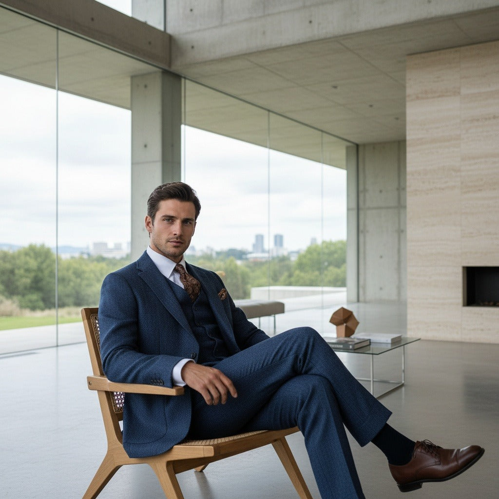 Tweed Three Piece Suit - Ocean Blue - Side Profile