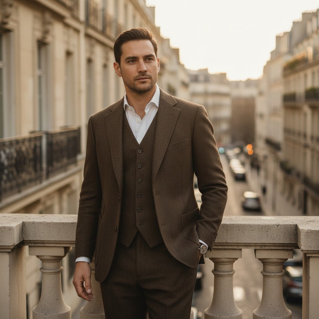 Tweed Three Piece Suit - Dark Olive Green - Angled Shot