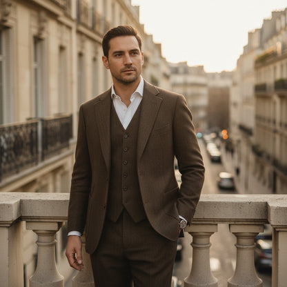 Tweed Three Piece Suit - Dark Olive Green - Angled Shot