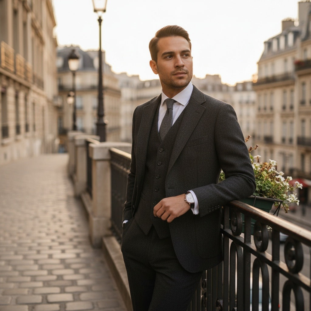 Tweed Three Piece Suit - Charcoal Grey - Angled Shot