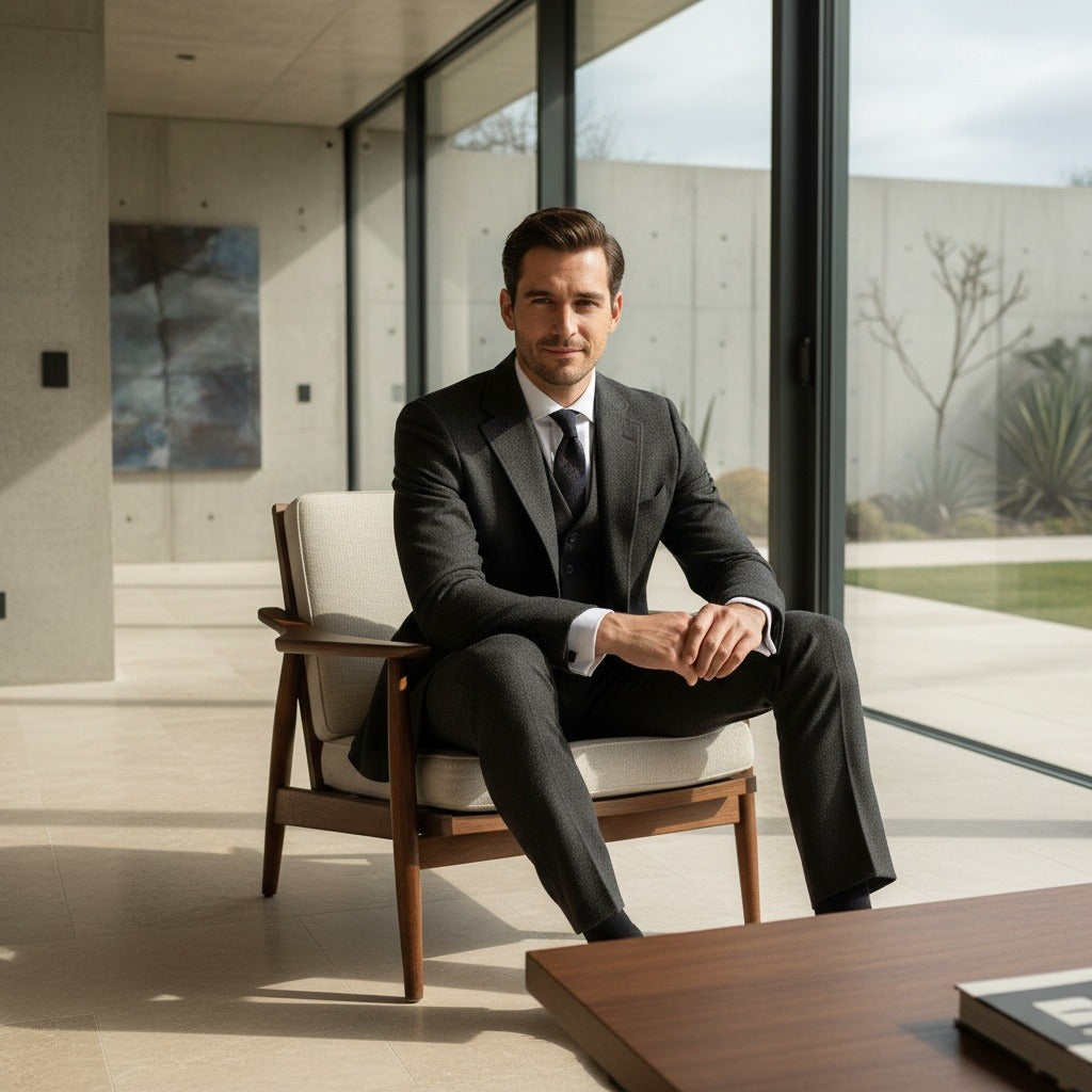 Tweed Three Piece Suit - Charcoal Grey - Side Profile