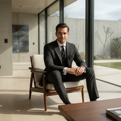 Tweed Three Piece Suit - Charcoal Grey - Side Profile