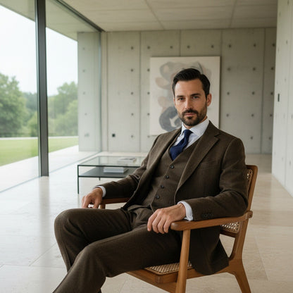 Tweed Three Piece Suit - Dark Olive Green - Side Profile