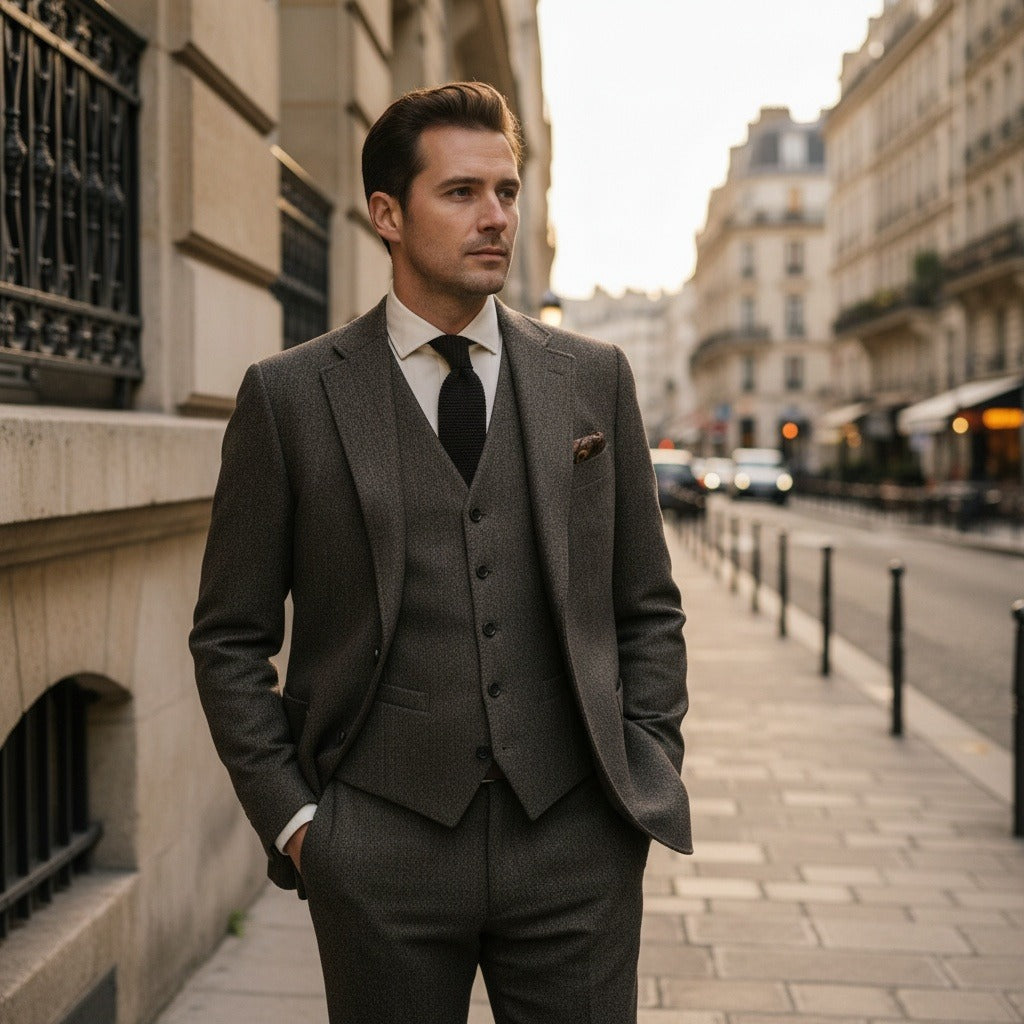 Tweed Three Piece Suit - Dusk Brown - Angled Shot