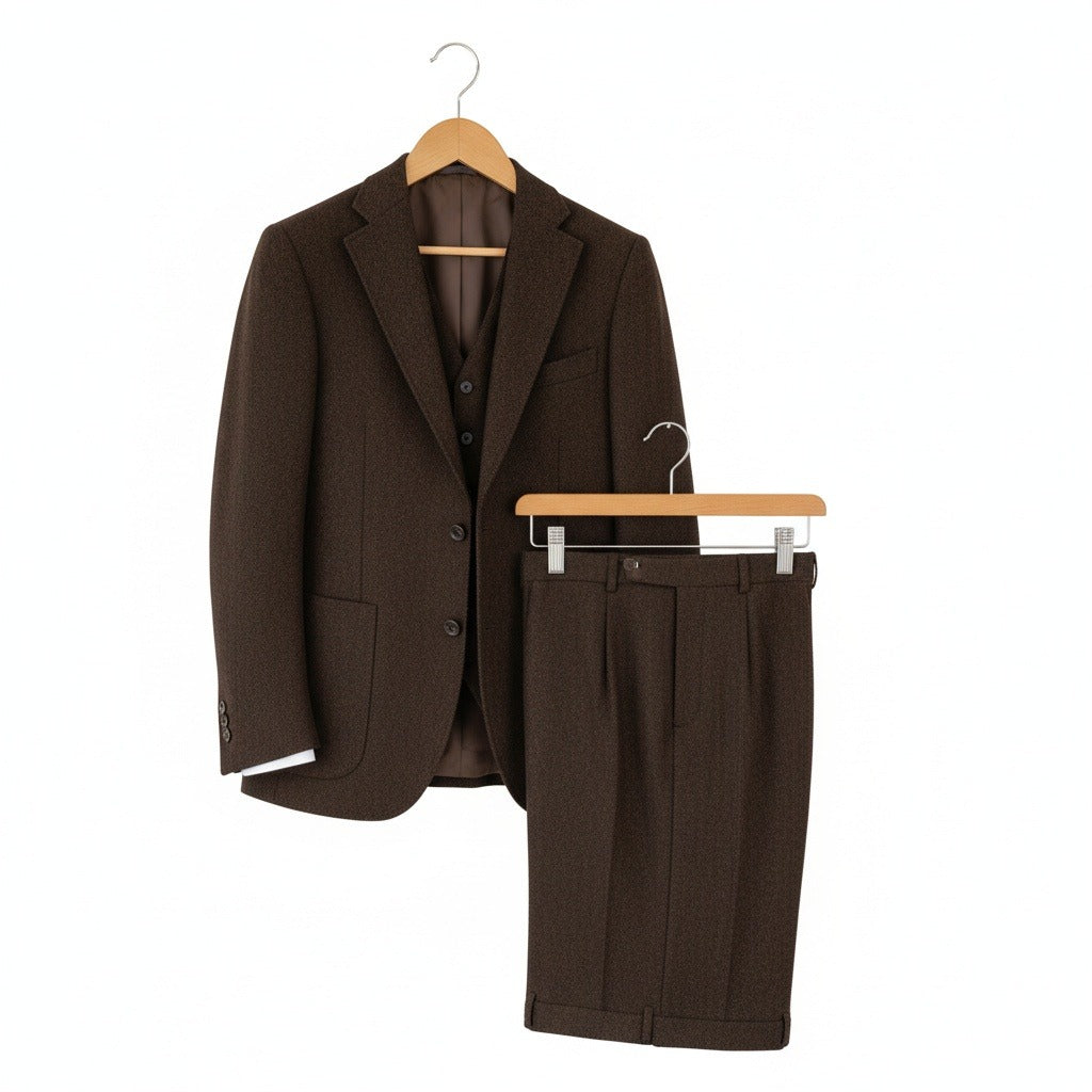 Tweed Three Piece Suit - Mocha Brown - Front View